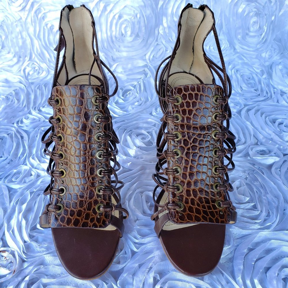 Zara Brown Leather Strappy Stiletto Open Toe Alligator Print Studded Heel Sz 7.5